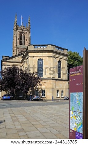 DERBY, UNITED KINGDOM - JULY 17, 2014 - The Cathedral of All Saints with tourist information plans in the foreground, Derby, Derbyshire, England, UK, Western Europe, July 17, 2014.