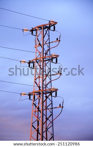 Spanish power pylon in the early morning sunshine, Costa del Sol, Malaga Province, Andalusia, Spain, Western Europe.