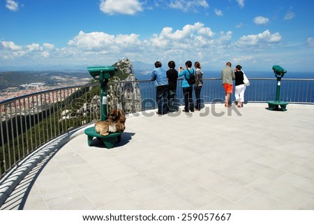 GIBRALTAR, UK - APRIL 20, 2009 - Tourists and Barbary Apes on the viewing platform with The Rock and the Spanish coastline to the rear, Gibraltar, United Kingdom, Western Europe, April 20, 2009.