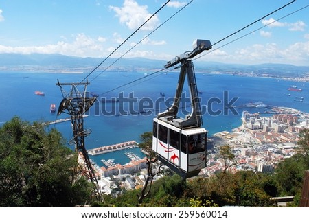 GIBRALTAR, UK - APRIL 20, 2009 - Cable car with views over the town sea and Spanish coastline, Gibraltar, United Kingdom, Western Europe, April 20, 2009.