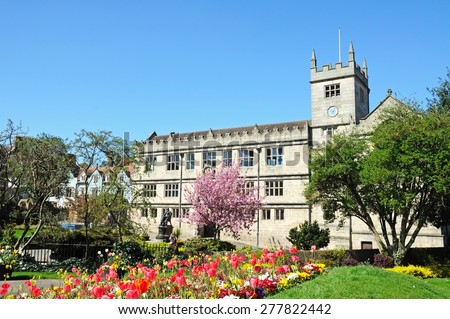 SHREWSBURY, UNITED KINGDOM - APRIL 22, 2015 - Castle Gate Library with Spring flowers in the foreground, Shrewsbury, Shropshire, England, UK, Western Europe, April 22, 2015.