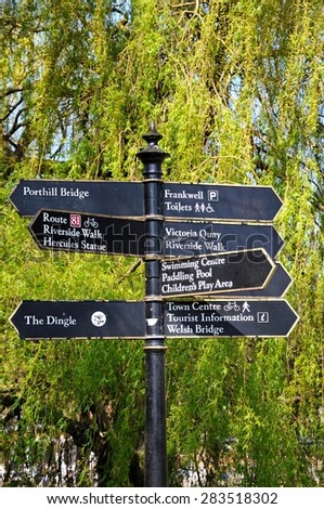 Tourist attraction signpost in Quarry Park, Shrewsbury, Shropshire, England, UK, Western Europe.