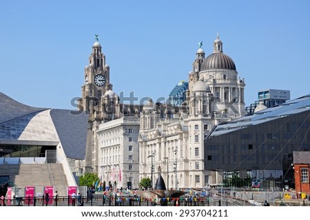 LIVERPOOL, UK - JUNE 11, 2015 - The Three Graces consisting of the Liver Building, Port of Liverpool Building and the Cunard Building, Liverpool, Merseyside, England, UK, June 11, 2015.