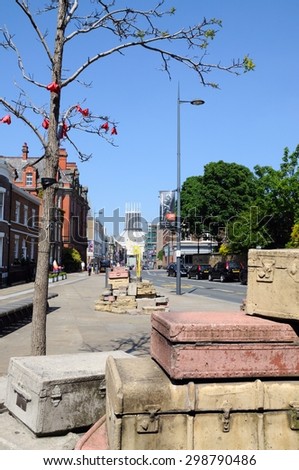 LIVERPOOL, UNITED KINGDOM - JUNE 11, 2015 - A Case History along Hope Street with the Liverpool Metropolitan Cathedral to the rear, Liverpool, Merseyside, England, UK, Western Europe, June 11, 2015.