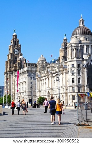 LIVERPOOL, UNITED KINGDOM - JUNE 11, 2015 - The Three Graces consisting of the Liver Building, Port of Liverpool Building and the Cunard Building, Liverpool, Merseyside, England, UK, June 11, 2015.