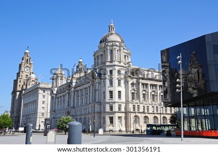 LIVERPOOL, UNITED KINGDOM - JUNE 11, 2015 - The Three Graces consisting of the Liver Building, Port of Liverpool Building and the Cunard Building, Liverpool, Merseyside, England, UK, June 11, 2015.