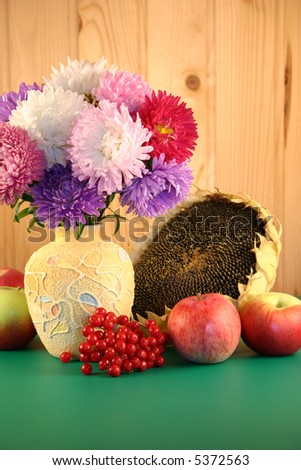 Asters in a vase, a guelder-rose, apples and a sunflower.