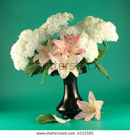 Flowers of a pink lily and  white hydrangea  in a vase.