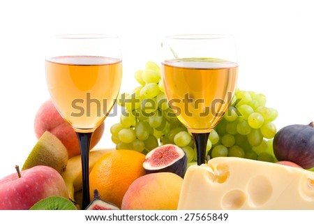 wine, cheese and fruits isolated on white