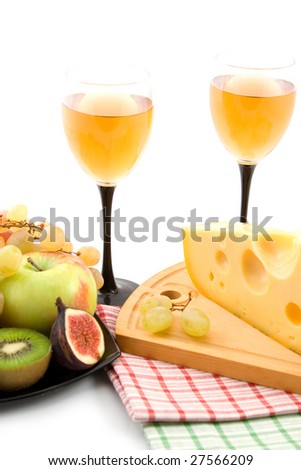 wine, cheese and fruits isolated on white