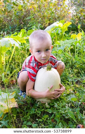 Boy with a harvest zucchini in the garden