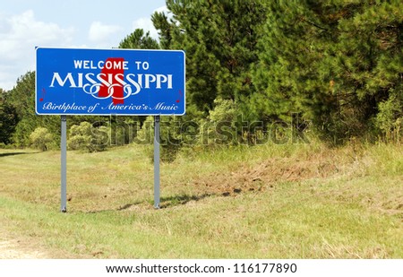 A welcome sign at the Mississippi state line.
