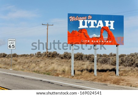 MONTICELLO, UT - OCTOBER 23: A welcome sign marks the state line between Utah and Colorado on October 23, 2012. Utah became the 45th state admitted to the Union on January 4, 1896.