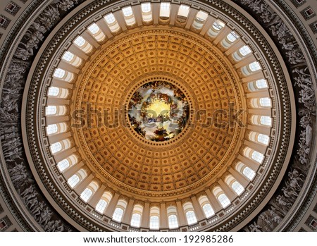 WASHINGTON ÃÂ¢Ã?Ã? FEBRUARY 23: The inside of the dome of the United States Capitol Building located in Washington, DC on February 23, 2013. The building houses the US Senate and House of Representatives.