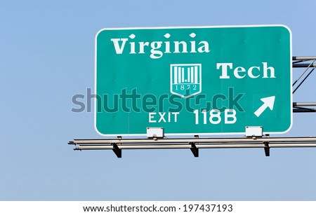 BLACKSBURG, VA - JULY 29: A sign points to the Virginia Polytechnic Institute and State University located in Blacksburg, Virginia on July 29, 2012. Virginia Tech is a public land-grant university.