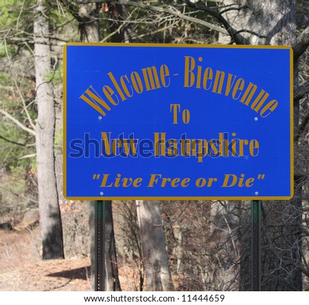 A welcome sign at the New Hampshire state line.