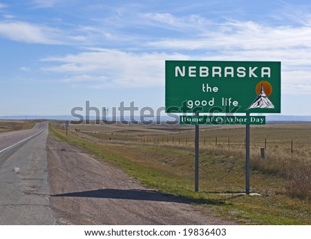A welcome sign at the Nebraska state line