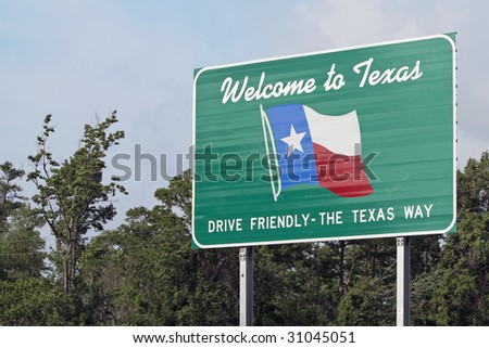 A welcome sign at the Texas state line