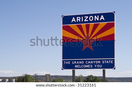 A welcome sign at the Arizona state line
