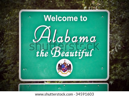 A welcome sign at the Alabama state line.