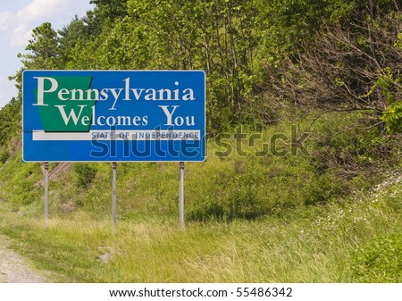 A welcome sign at the Pennsylvania state line.