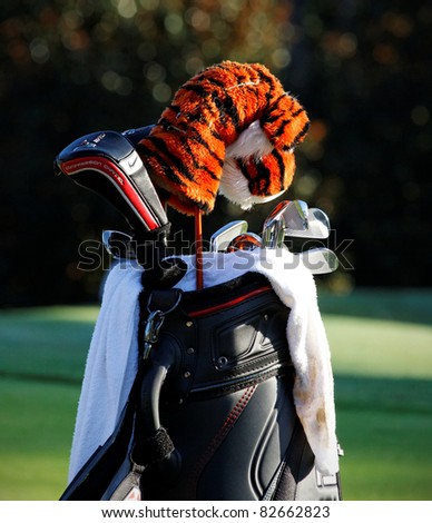 JOHNS CREEK, GEORGIA, USA - AUG 10: Tiger Woods\' golf bag sits on the course during practice rounds at the 2011 PGA Championship tournament in Johns Creek, Georgia on August 10, 2011.