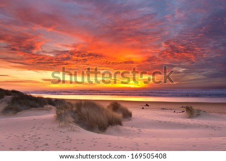 Coastal Beach Sunset Sky and Sand Dunes