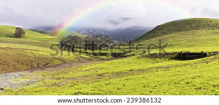 Winter Storm Clouds, Rainbow, Green Hills and Oak Trees Panoramic
