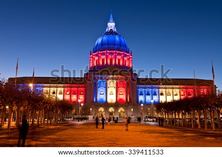 San Francisco City Hall in French Flag Colors, Blue, White, Red in Respect of the Tragic Deaths at the Hands of Terrorists