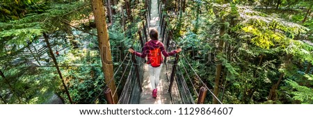 Canada travel people lifestyle banner. Tourist woman walking in famous attraction Capilano Suspension Bridge in North Vancouver, British Columbia, canadian vacation destination for tourism.
