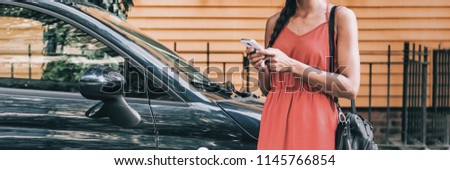 Car sharing rideshare mobile phone app woman using smartphone online to rent on travel holiday. Banner panorama. Technology device.