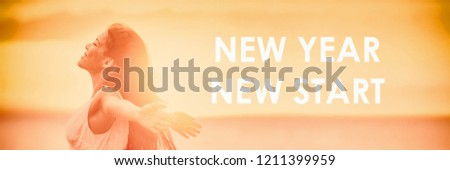 NEW YEAR NEW START motivational message, inspirational quotes for the New Year 2019 resolution in fitness weight loss. Happy woman with arms up for new life challenge banner panorama.