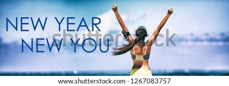 New Year New You Fitness banner background - active lifestyle change woman winner with arms up in success of weight loss achievement.Fit goal concept. Panoramic header.