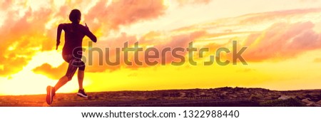 Run sport athlete running in sunset - Silhouette of fitness girl jogging on trail road with orange sky background. Fit woman exercise lifestyle. Active people training panoramic banner.