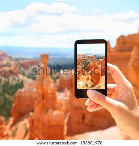 Smart Phone Camera Taking Photo Picture Of Bryce Canyon Nature. Closeup Of Mobile Phone Camera Screen Photographing Beautiful American Landscape Bryce Canyon, Utah, United States.