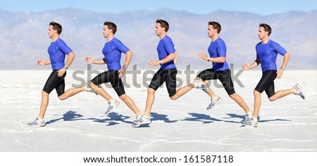Running Man - Runner In Speed Showing Sprinting Motion. Male Sport Athlete Sprinter Composite In Beautiful Nature Landscape. Fit Fitness Model In Fast Sprint Run In Desert Outdoor.
