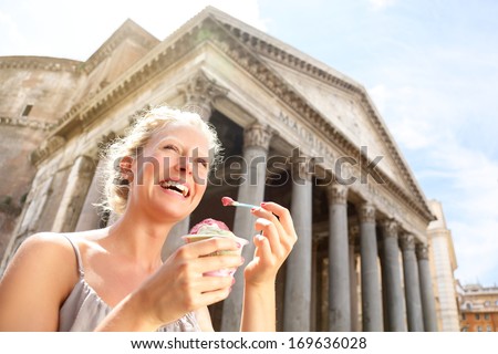 Girl Eating Ice Cream By Pantheon, Rome, Italy. Happy Tourist Woman Laughing Enjoying Italian Gelato Ice Cream While Sightseeing Travel Landmark Destinations In Rome. Beautiful Blonde Female Model.