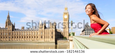 London England travel banner - woman tourist in summer by Big Ben. Happy elegant female model looking at view of River Thames, Westminster Bridge, London, England, Great Britain, UK.