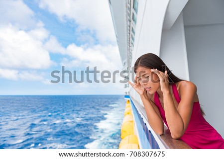 Cruise sea motion sickness tourist woman seasick on boat vacation with headache or nausea. Fear of travel or illness virus on cruising holiday.