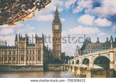 London Europe travel destination. Autumn scenery of Big Ben and Houses of parliament with Westminster bridge in London, England, Great Britain, UK.