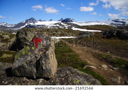 Trail mark. The famous red T marking hiking trails in Norway. This is from Jostedalen national park.