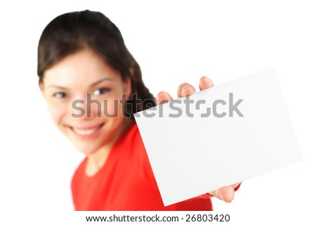 stock photo beautiful eurasian woman holding a blank card