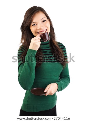 stock photo Gorgeous eurasian woman drinking espresso Isolated on white