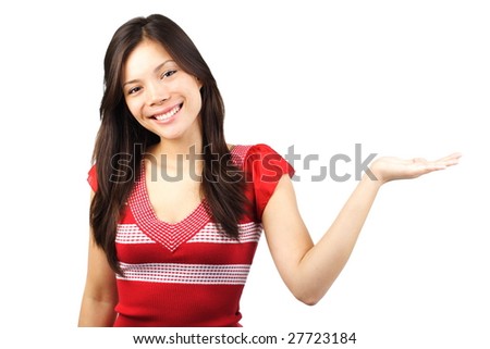 stock photo Beautiful young eurasian woman presenting your product