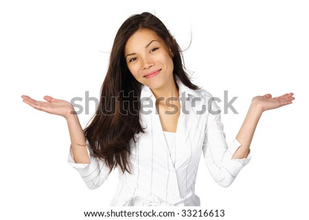 Beautiful confused woman, holding her arms out. Isolated on white background.