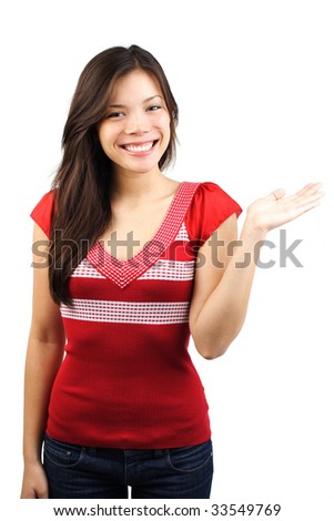 stock photo Beautiful young eurasian woman presenting your product