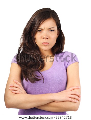 Angry upset ethnic woman model. Isolated on white background.
