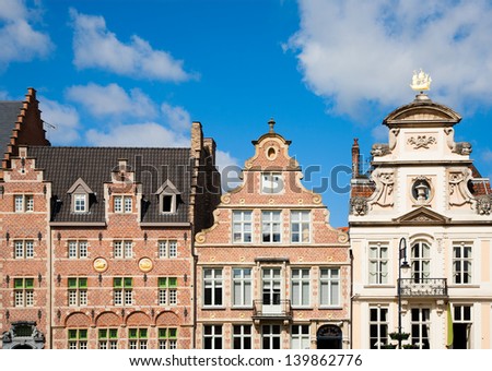 Facade of houses along the Graslei in Ghent, Belgium