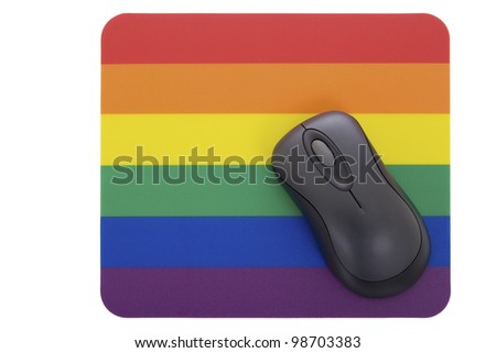 Wireless mouse on a mousepad with the iconic rainbow motif, isolated on white background.
