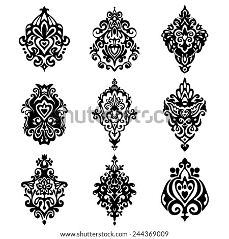 set of vector graphic abstract damask flower ornamental designs set of vector graphic abstract damask flower ornamental designs